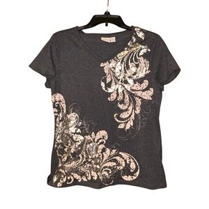 Zenergy by Chico’s (1) Women’s Foil Print Tee Shirt Black Gray Scroll Medium‎